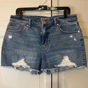 Denim Distressed Shorts with Lace Detail